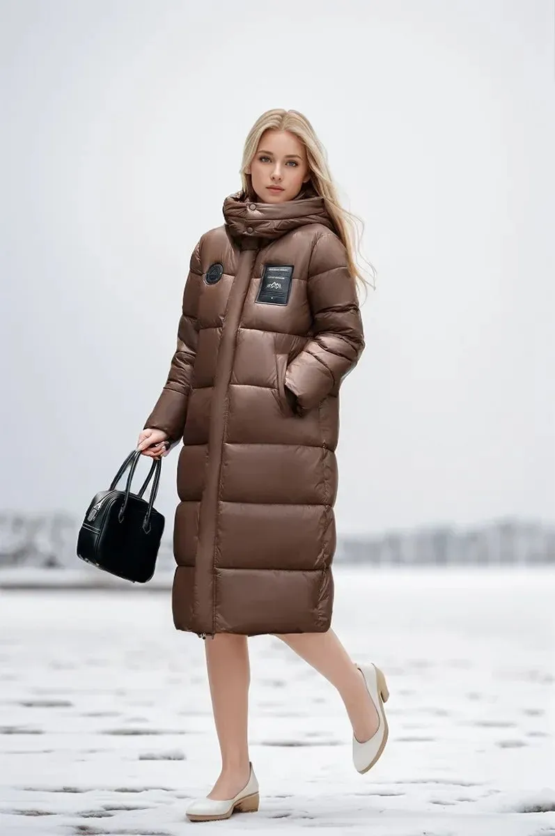 2024 Women's Long Puffer Jacket New For Winter Fashionable High-End Temperament Solid Color Hooded Loose Padded Warm Jacket Coat