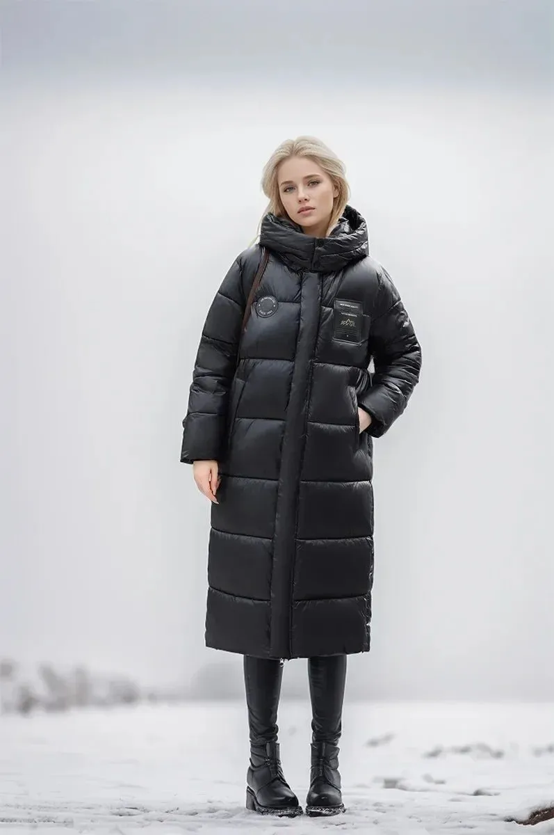2024 Women's Long Puffer Jacket New For Winter Fashionable High-End Temperament Solid Color Hooded Loose Padded Warm Jacket Coat