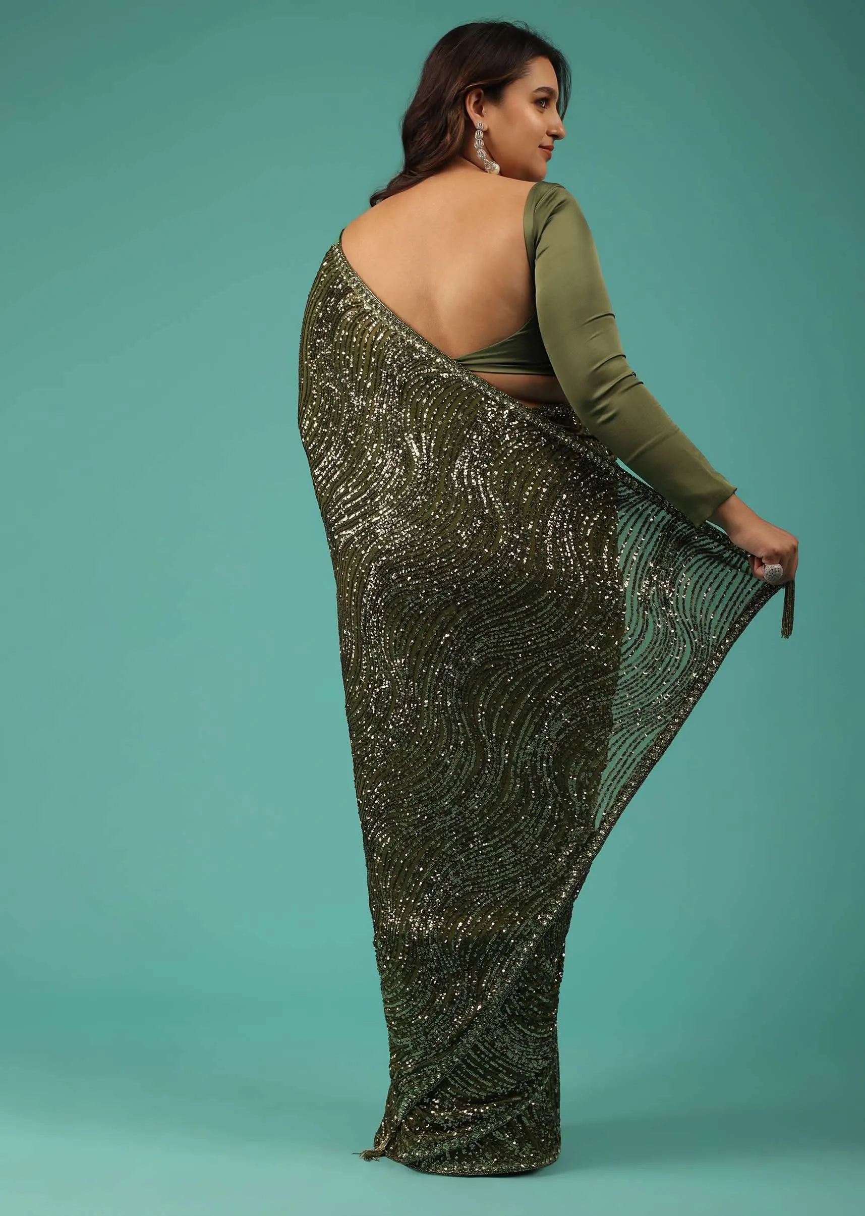 Army Green Saree In Sequins And Organza With Detailed Embroidery