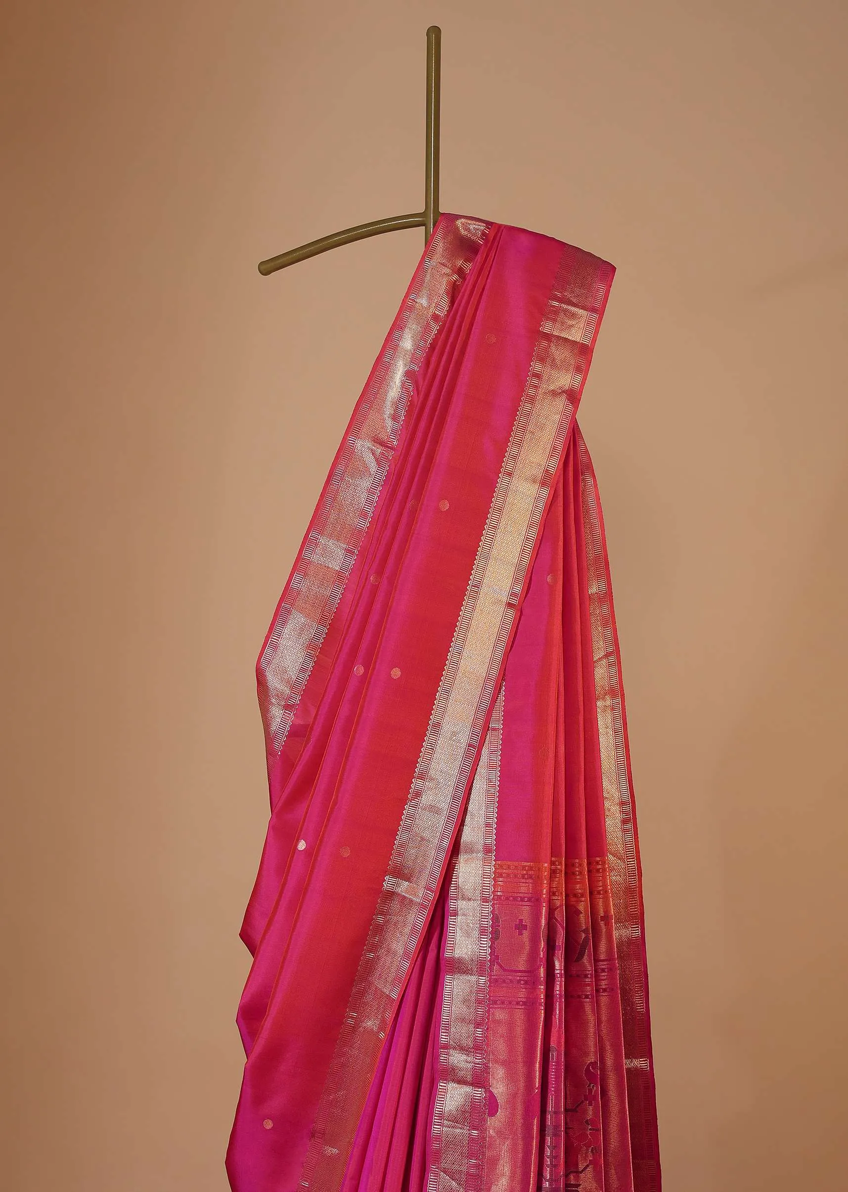 Azalea Pink Silk Saree In Zari Woven Border With Paithani Pallu And Unstitched Blouse