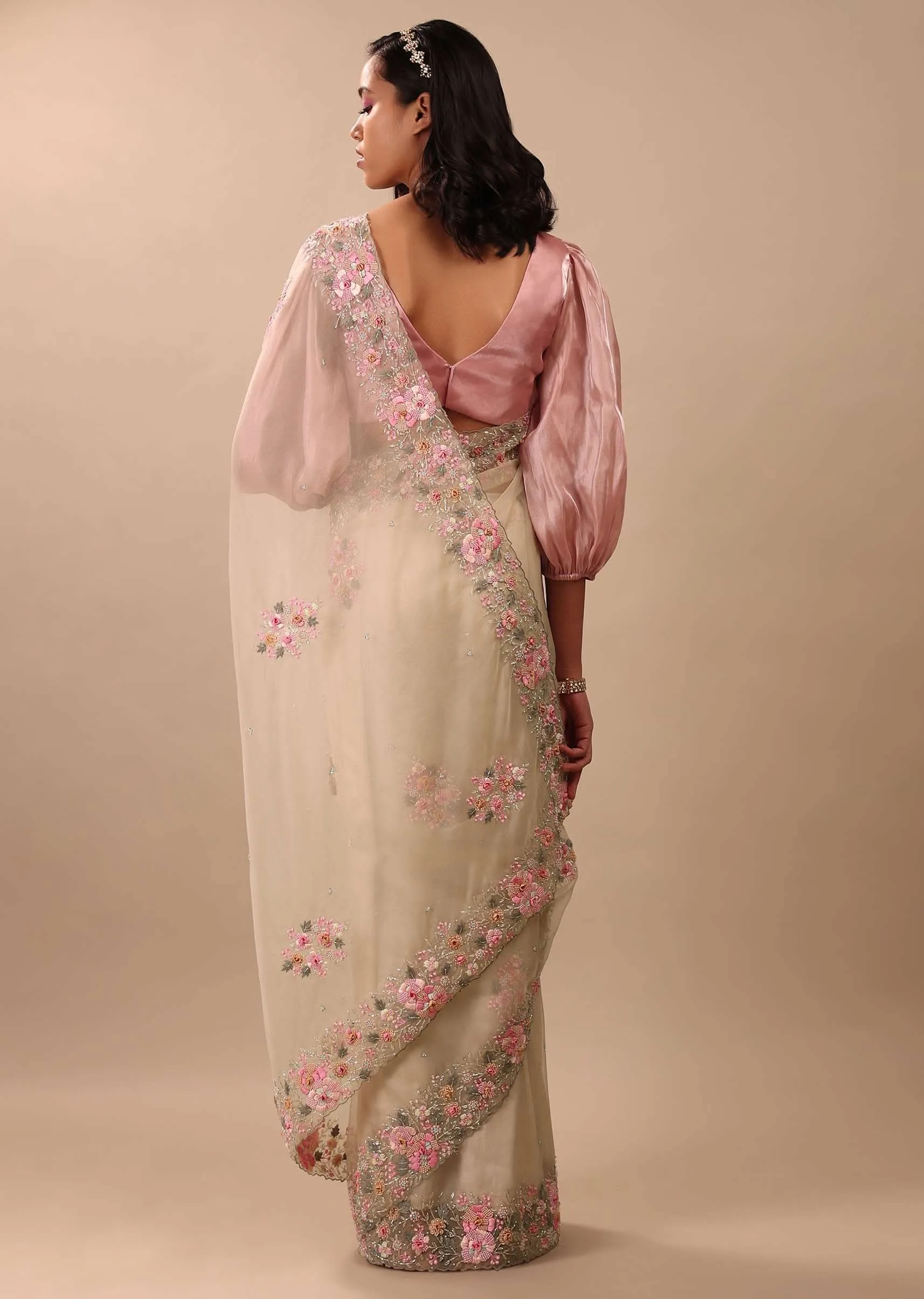 Beige White Saree In Organza Fabric And Floral Embroidery With Cut Dana & Moti