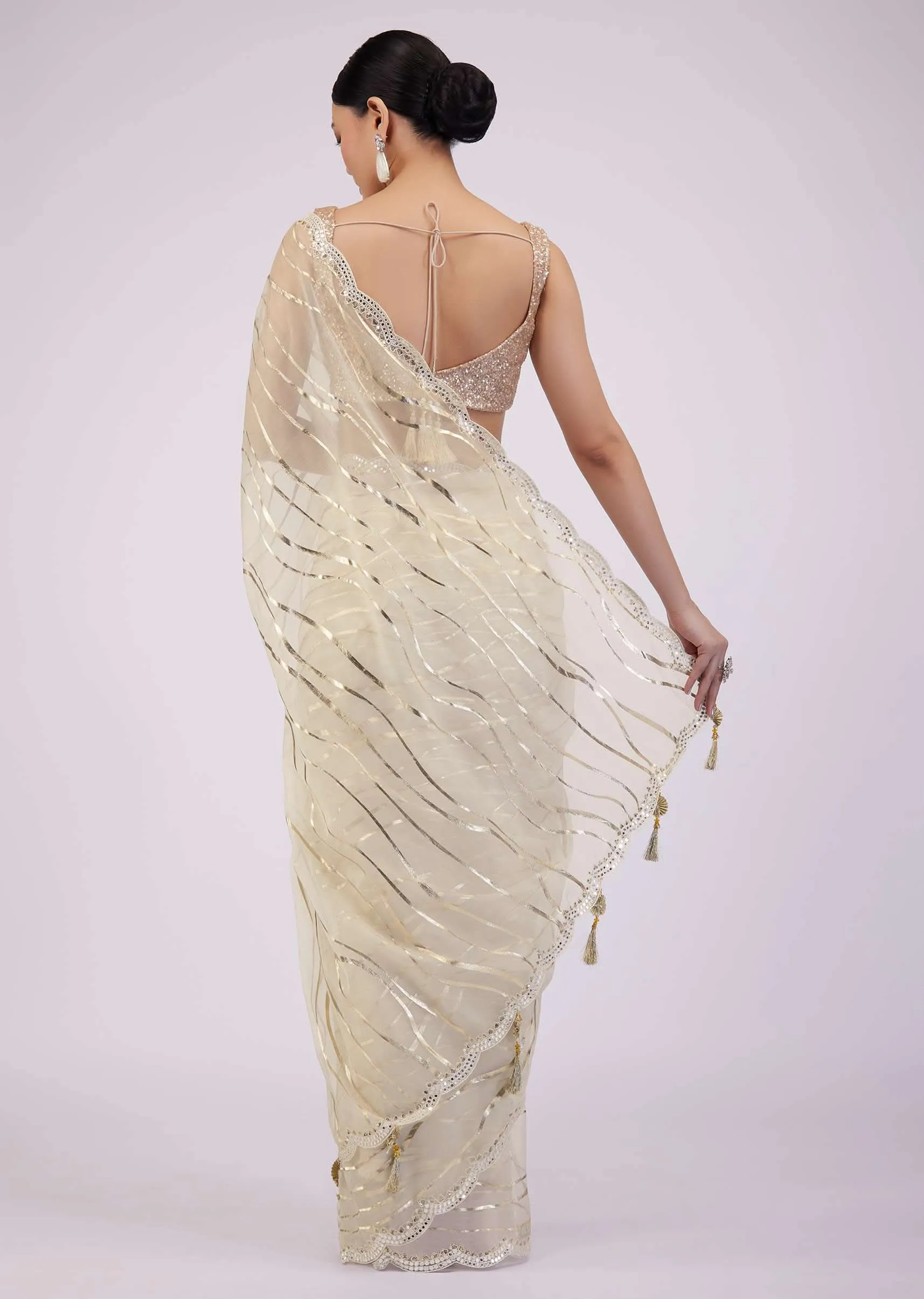 Beige White Saree In Organza With Foil Print And Embroidery