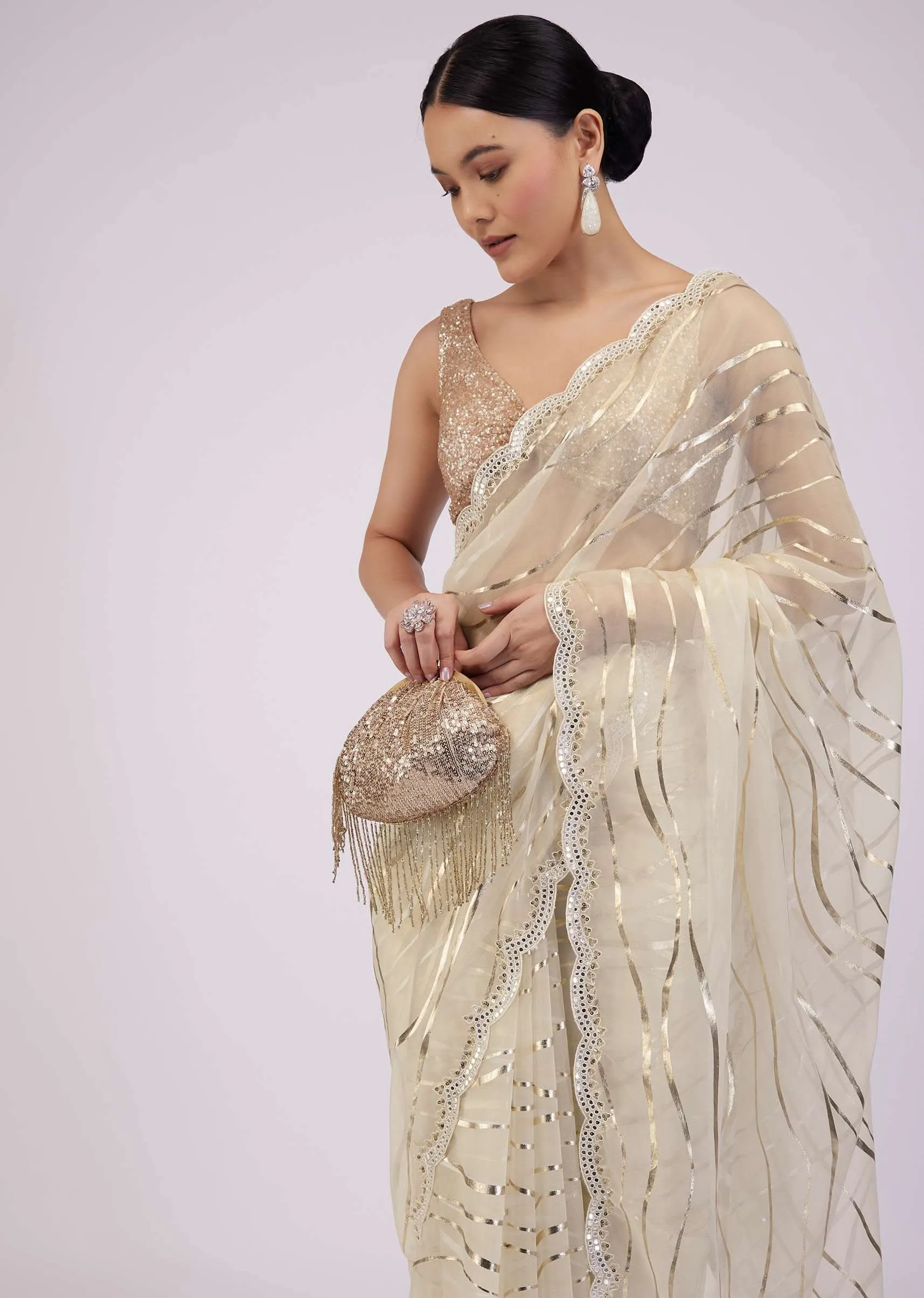 Beige White Saree In Organza With Foil Print And Embroidery
