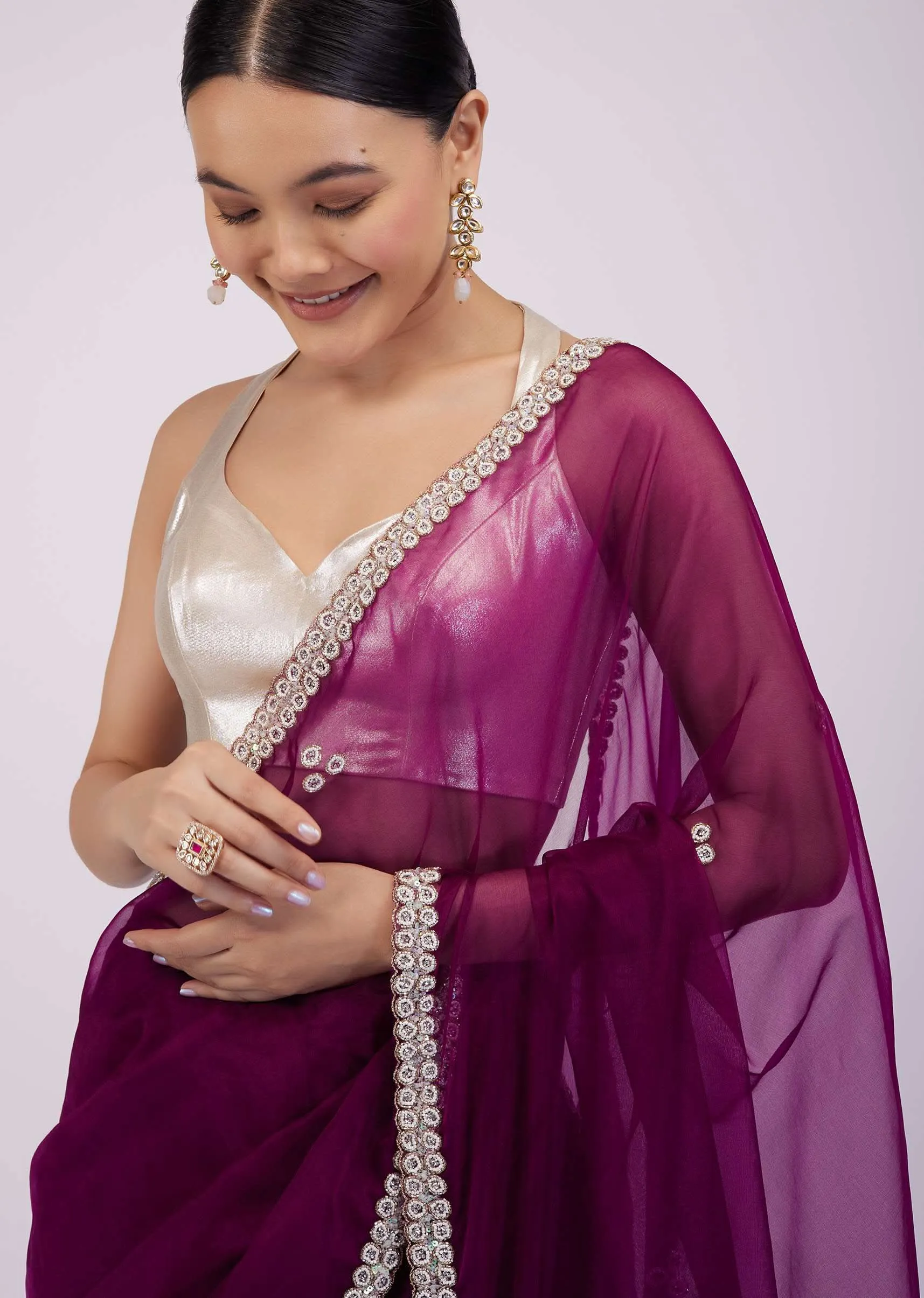 Burgundy Purple Saree In Organza With Embroidery