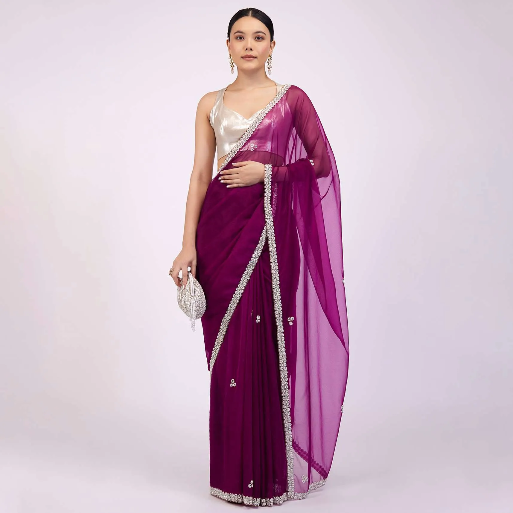 Burgundy Purple Saree In Organza With Embroidery