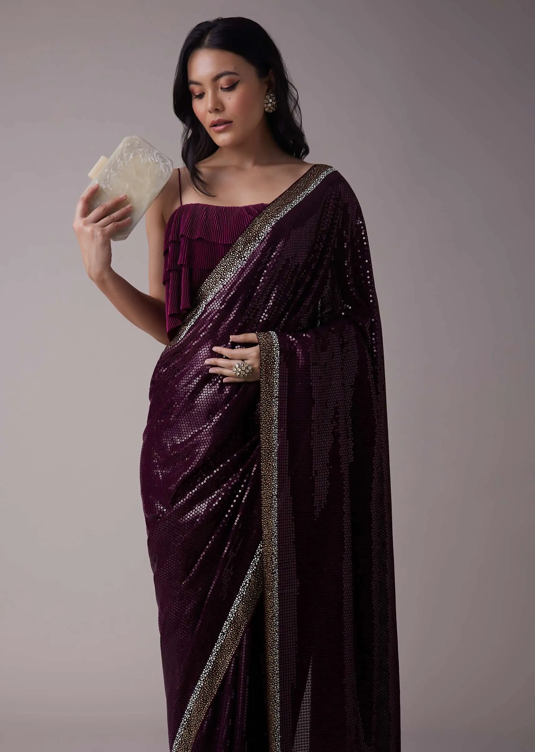 Grape Purple Sequins Saree With An Embellished Border
