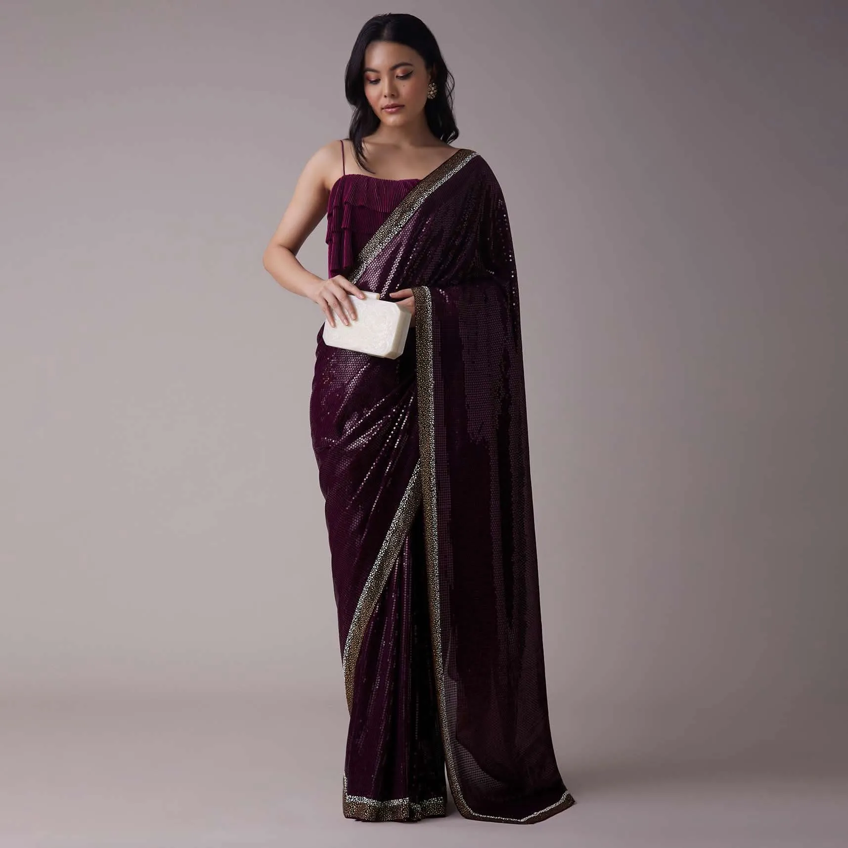 Grape Purple Sequins Saree With An Embellished Border