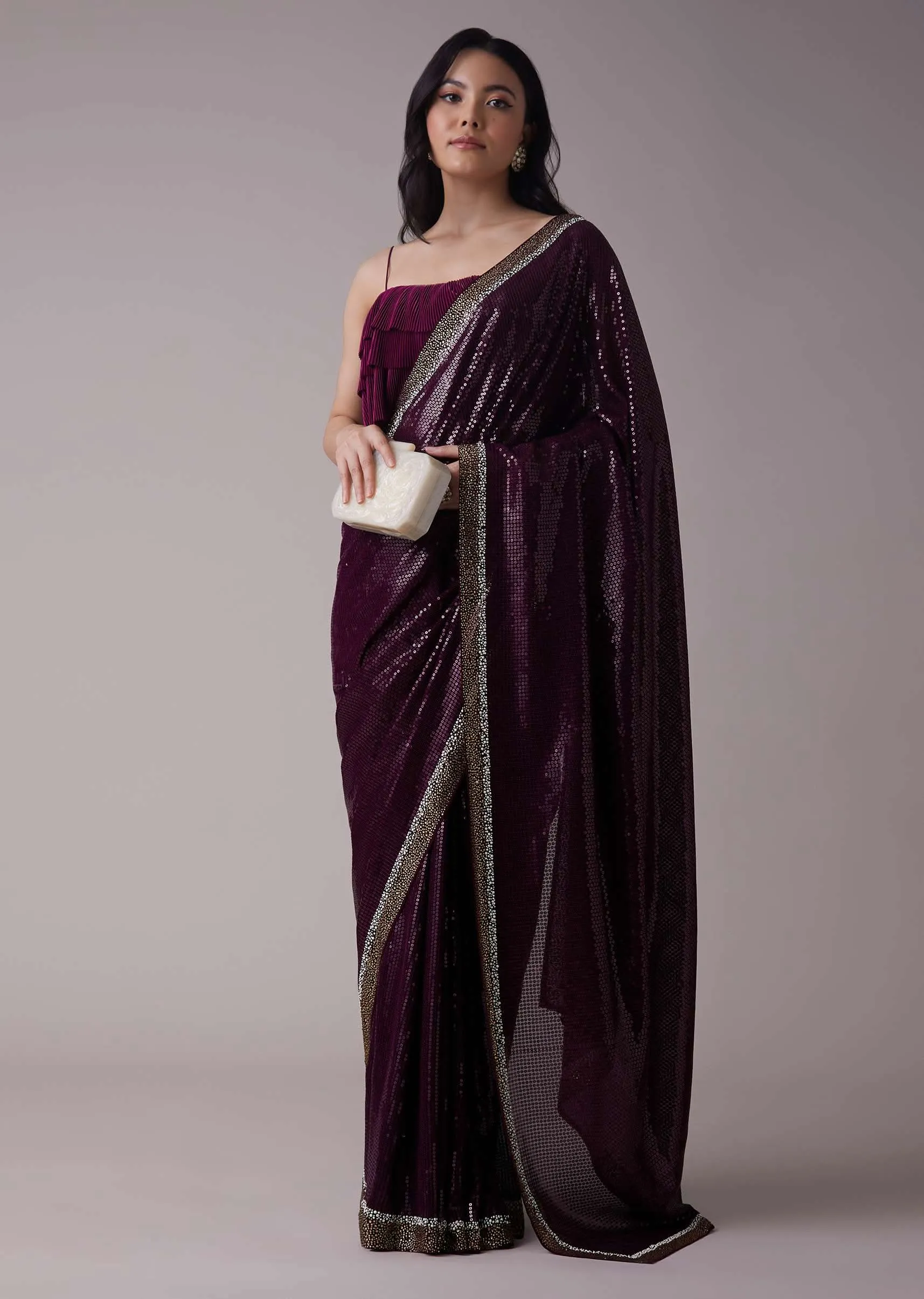 Grape Purple Sequins Saree With An Embellished Border