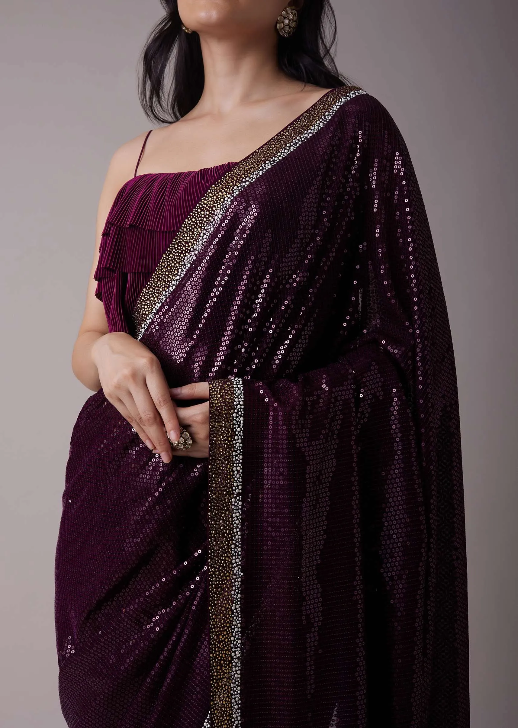 Grape Purple Sequins Saree With An Embellished Border