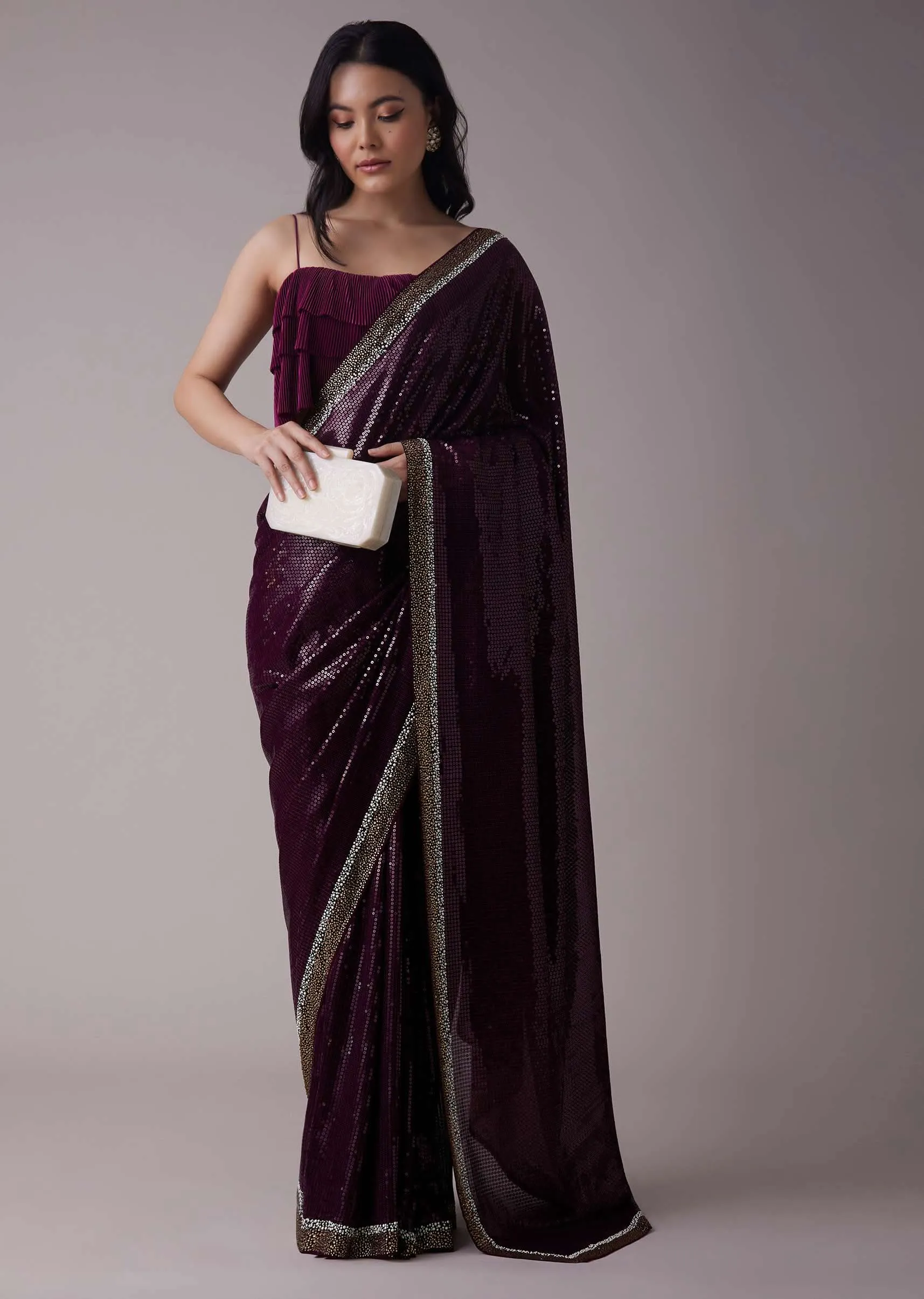 Grape Purple Sequins Saree With An Embellished Border