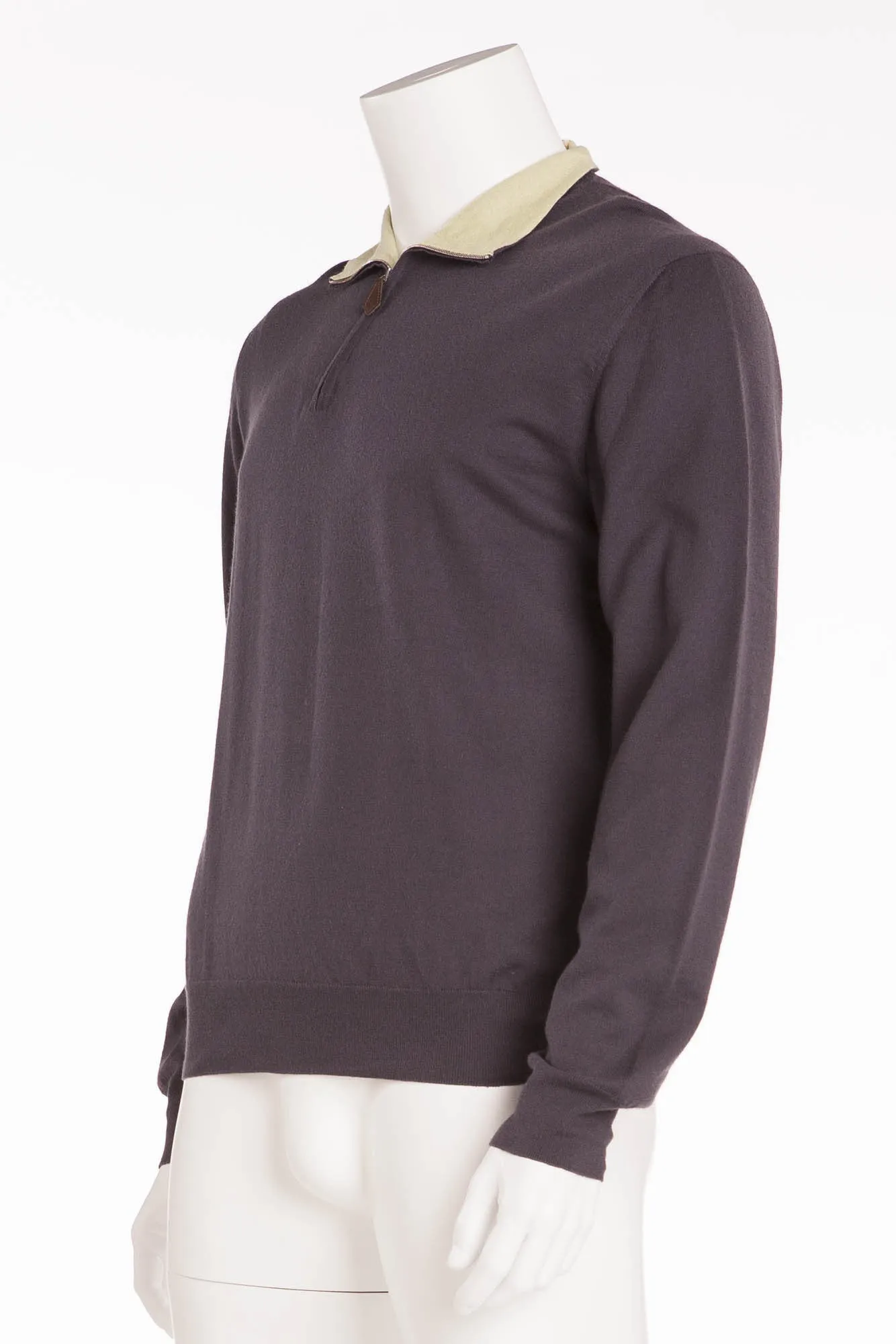 Hermes - Cashmere Zip Neck Sweater with Green Inner Collar - XL