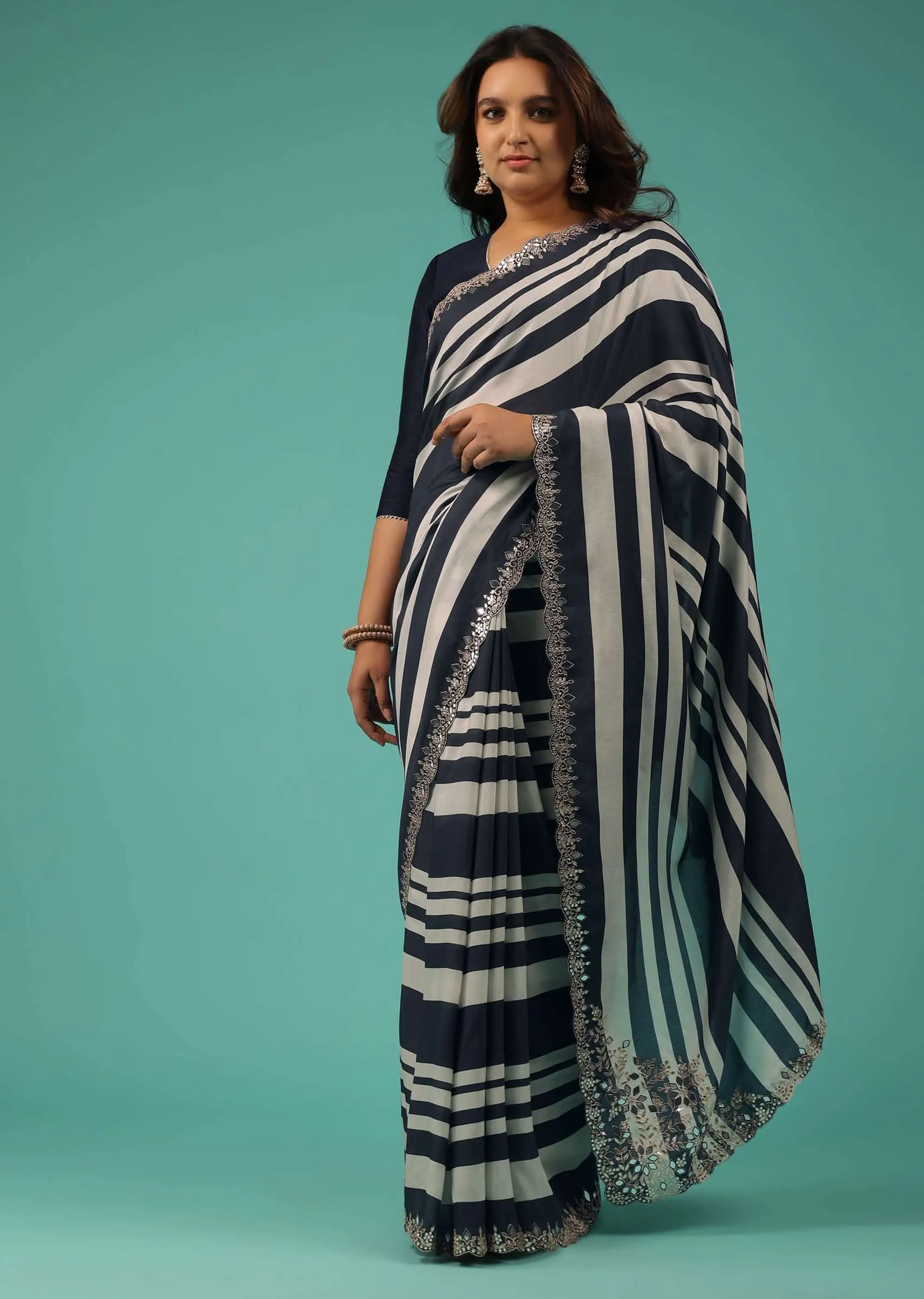Insignia Blue Organza Fabricated Saree With Bandhani Print And Embroidery