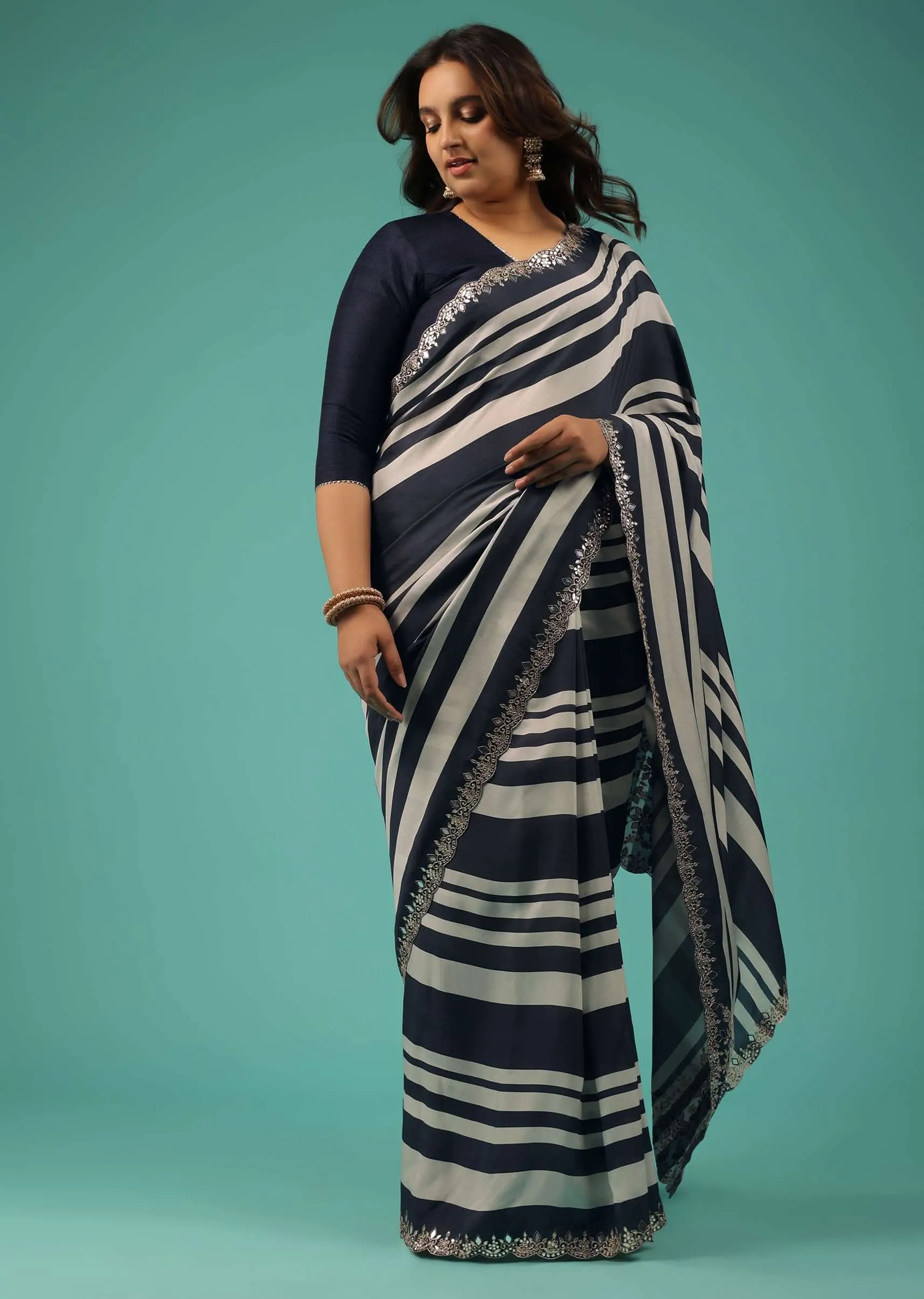 Insignia Blue Organza Fabricated Saree With Bandhani Print And Embroidery
