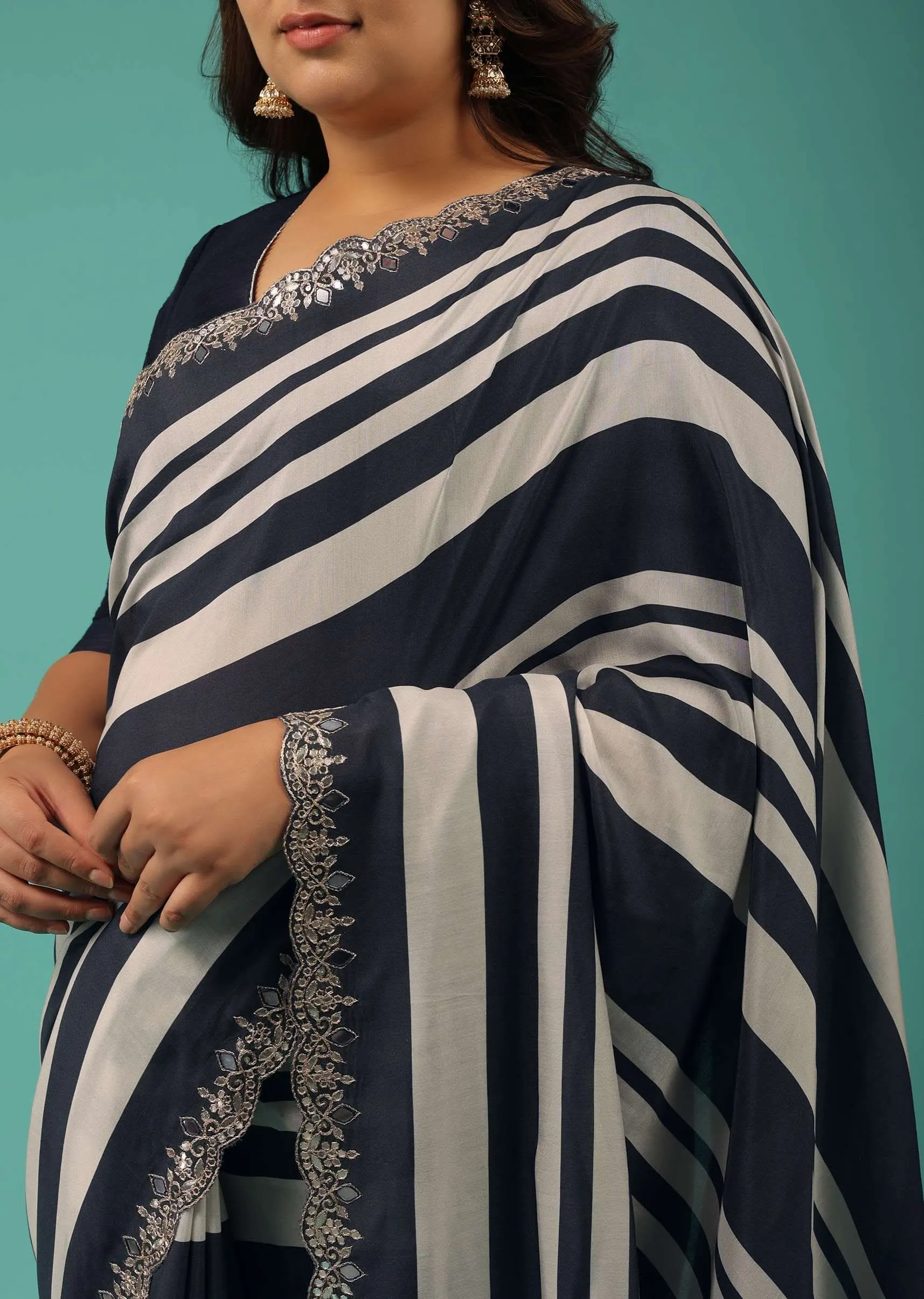 Insignia Blue Organza Fabricated Saree With Bandhani Print And Embroidery