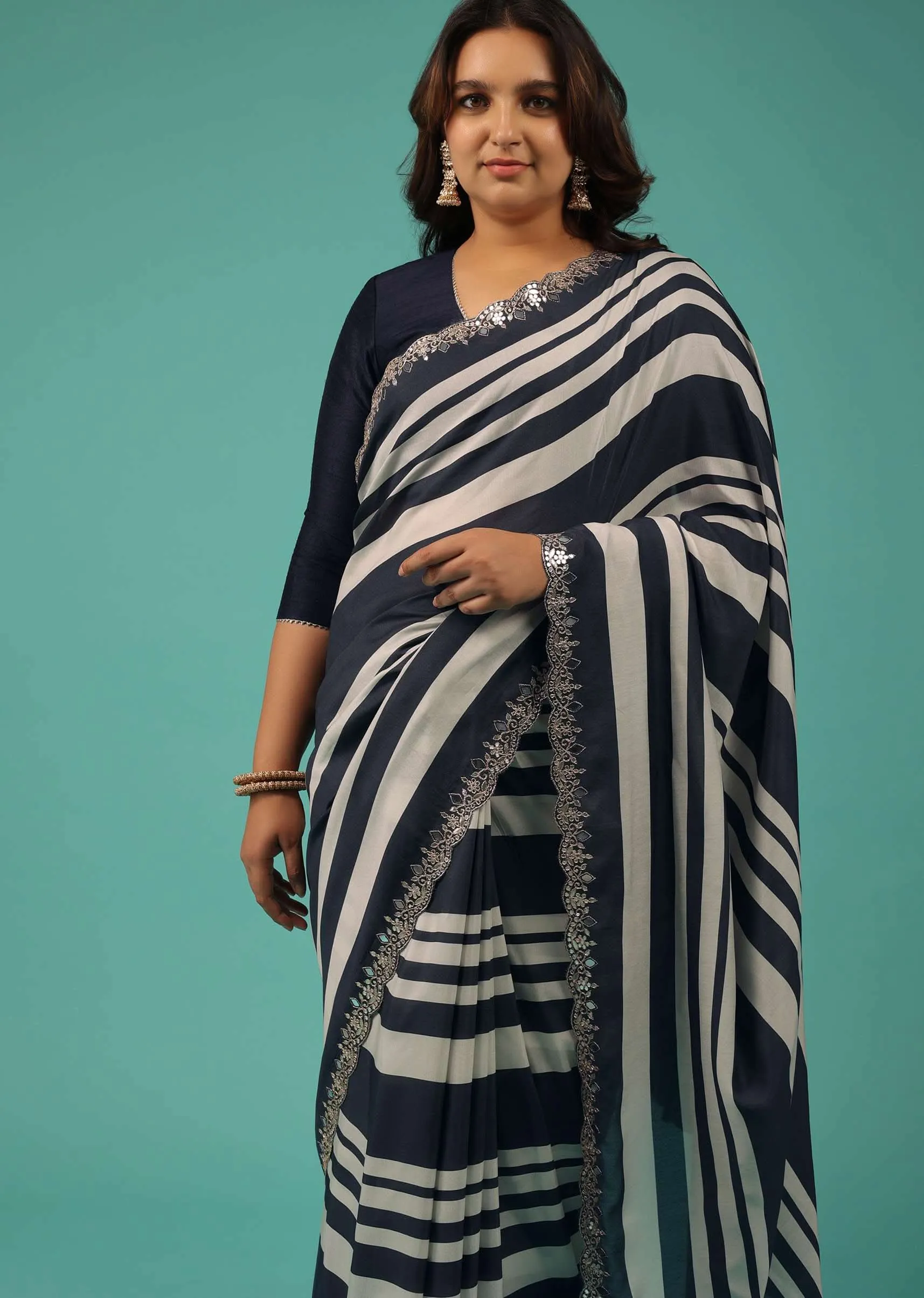 Insignia Blue Organza Fabricated Saree With Bandhani Print And Embroidery