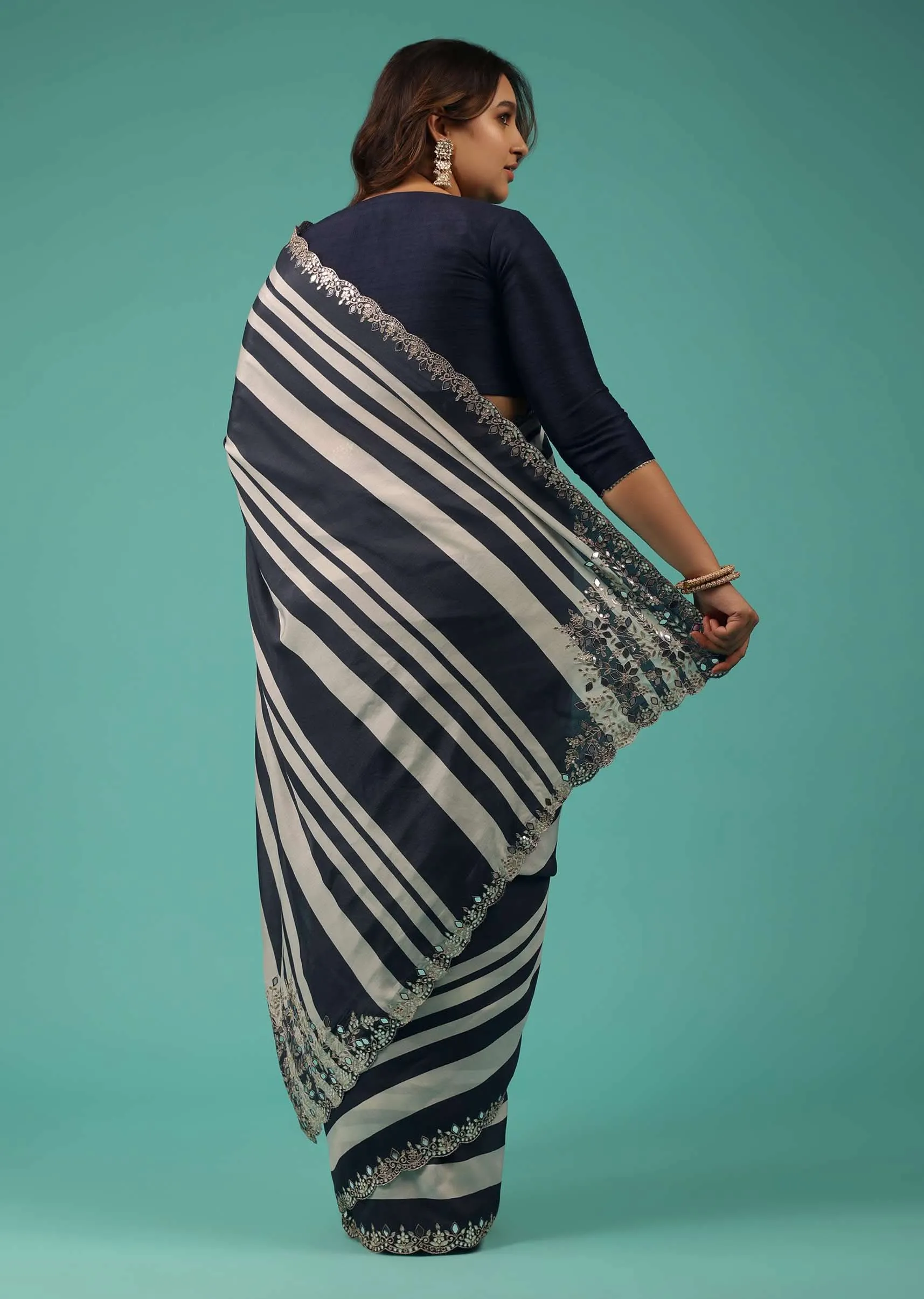 Insignia Blue Organza Fabricated Saree With Bandhani Print And Embroidery