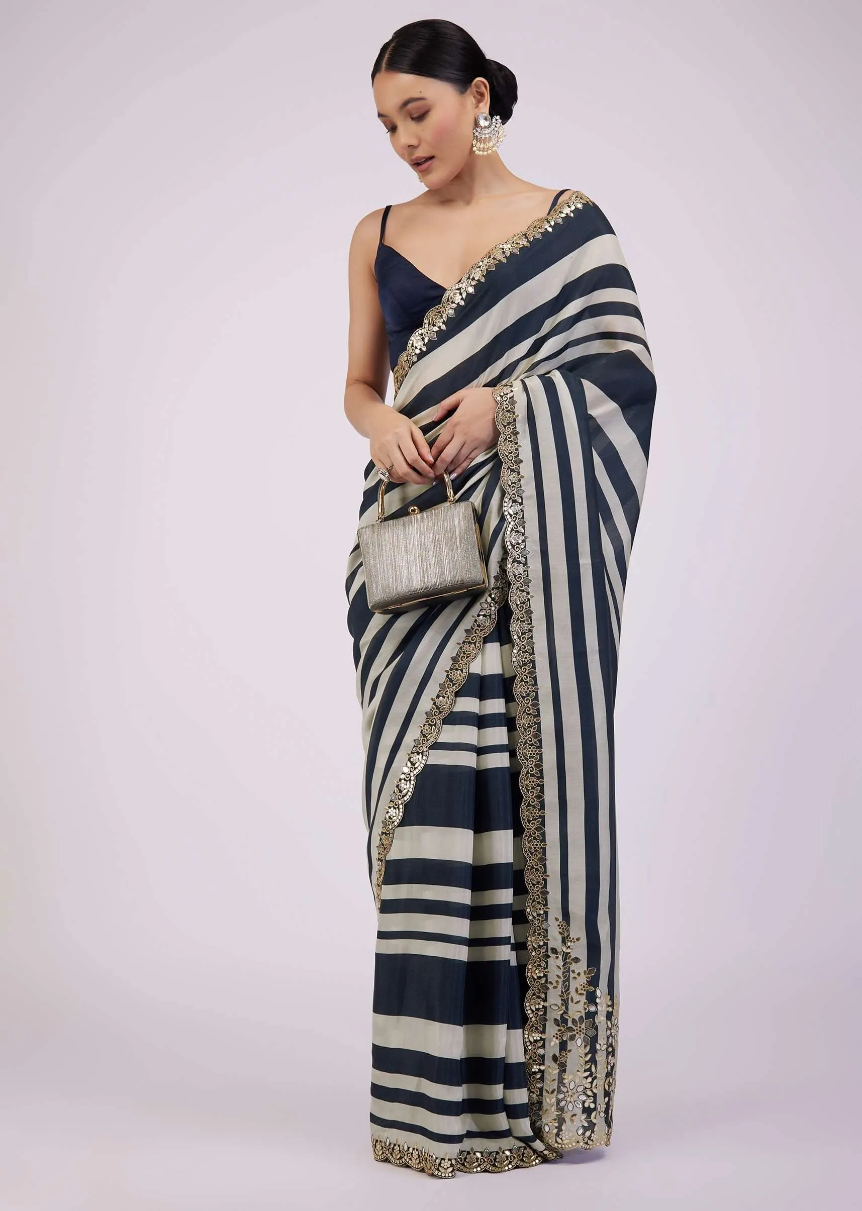 Insignia Blue Saree In Muslin With White Stripes And Embroidery