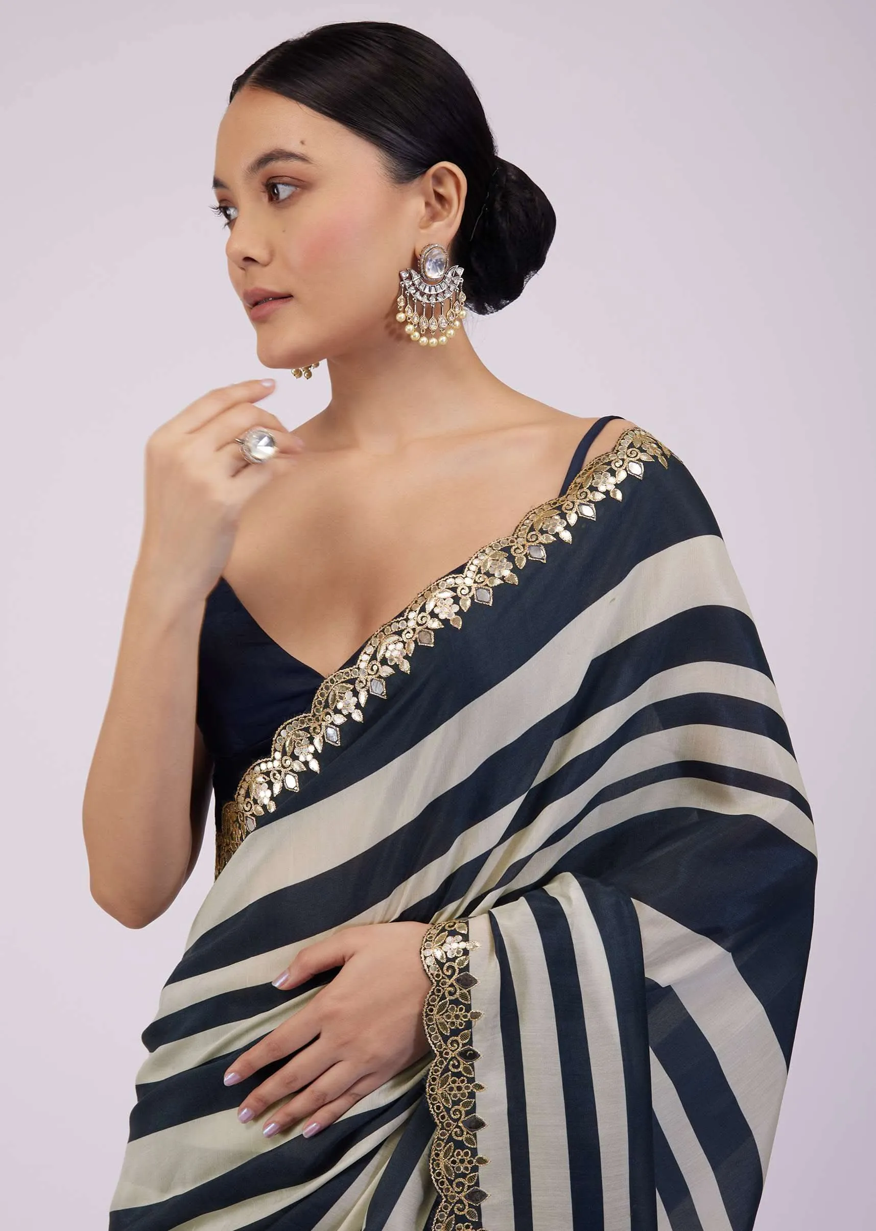 Insignia Blue Saree In Muslin With White Stripes And Embroidery