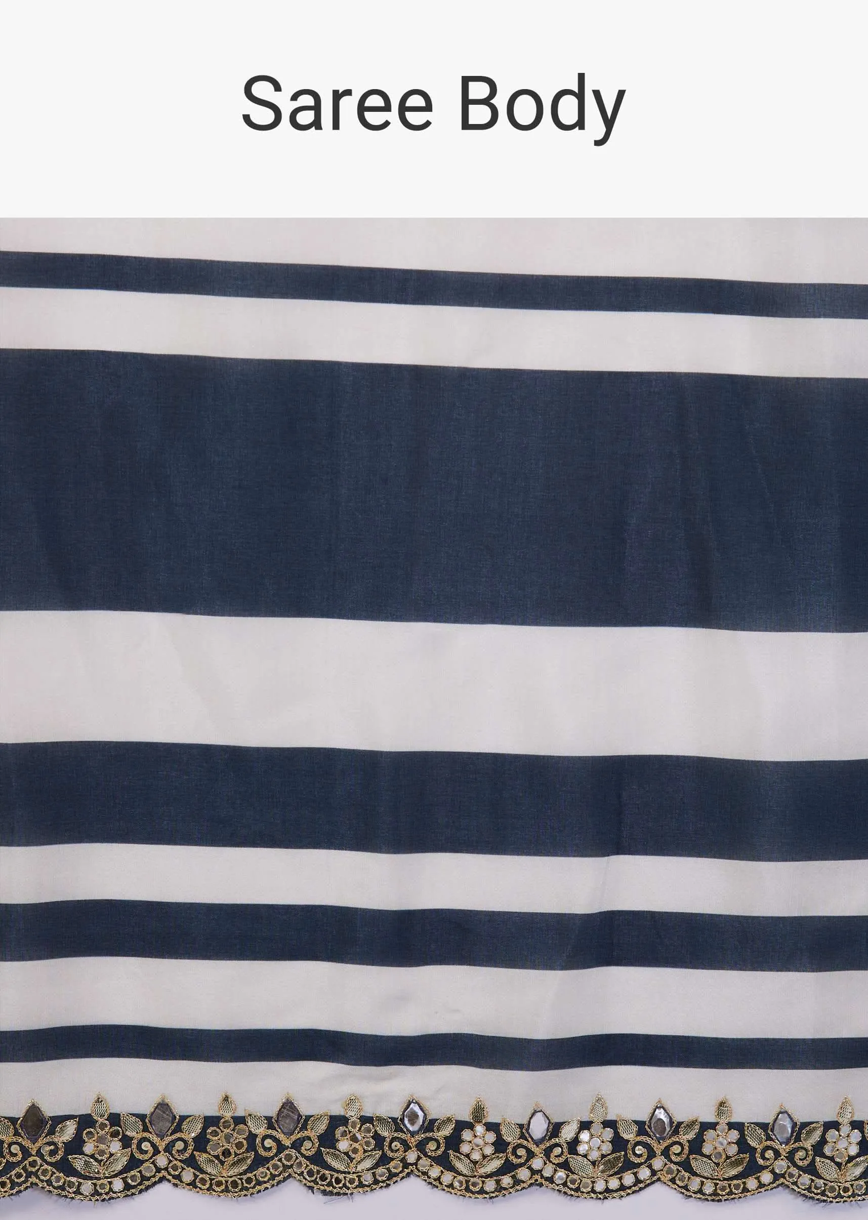 Insignia Blue Saree In Muslin With White Stripes And Embroidery
