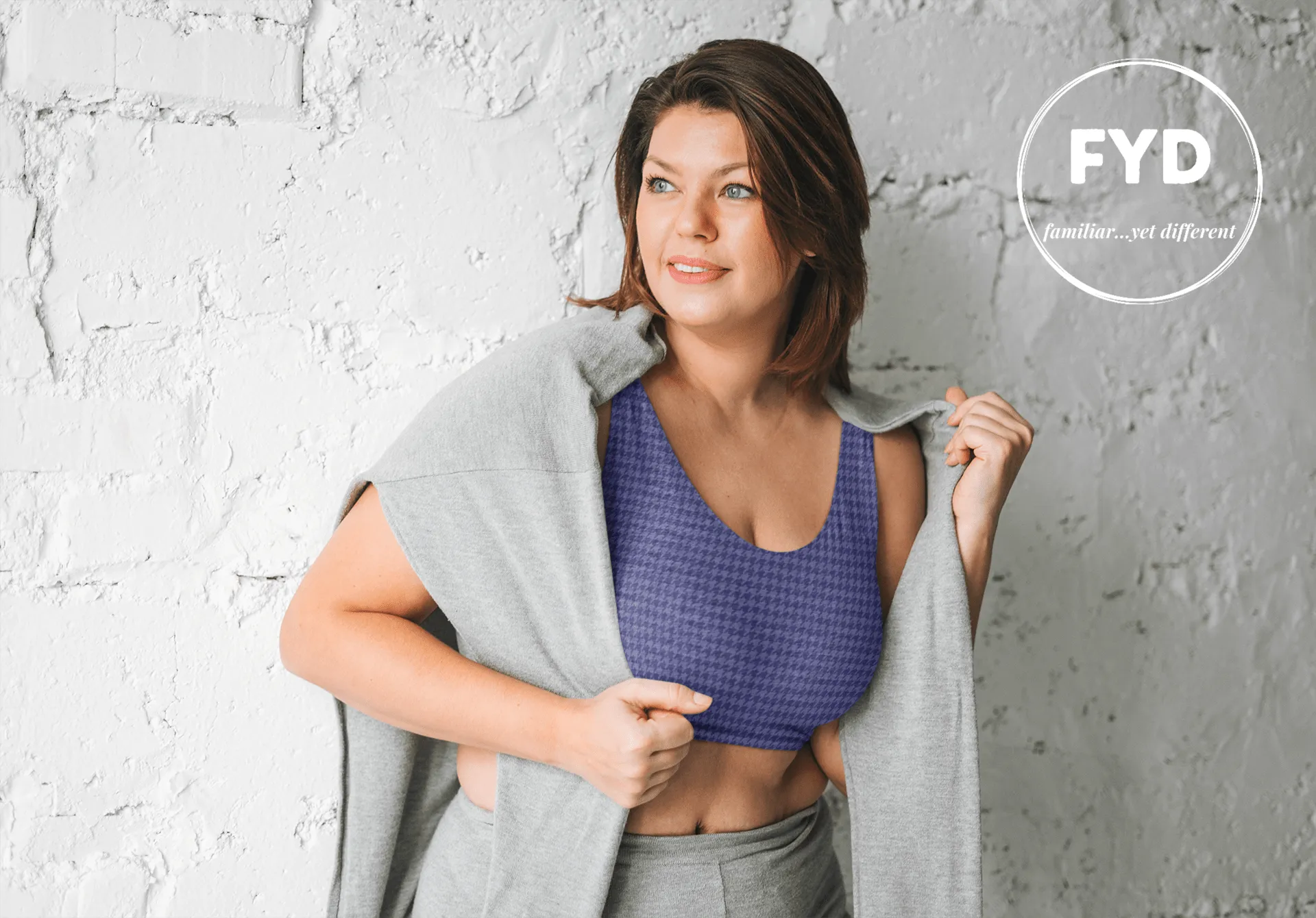 Navy Blue Houndstooth Long-Line Sports Bra
