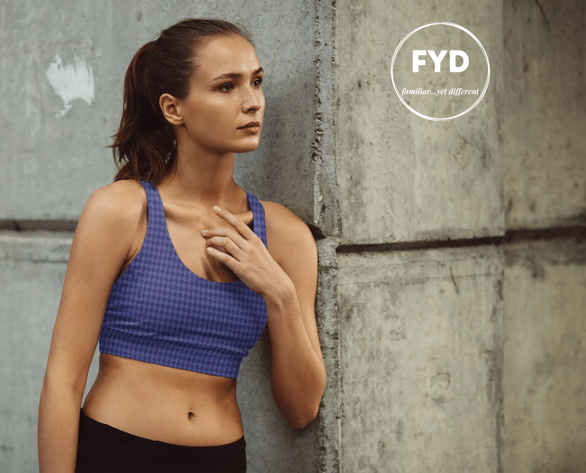 Navy Blue Houndstooth Long-Line Sports Bra