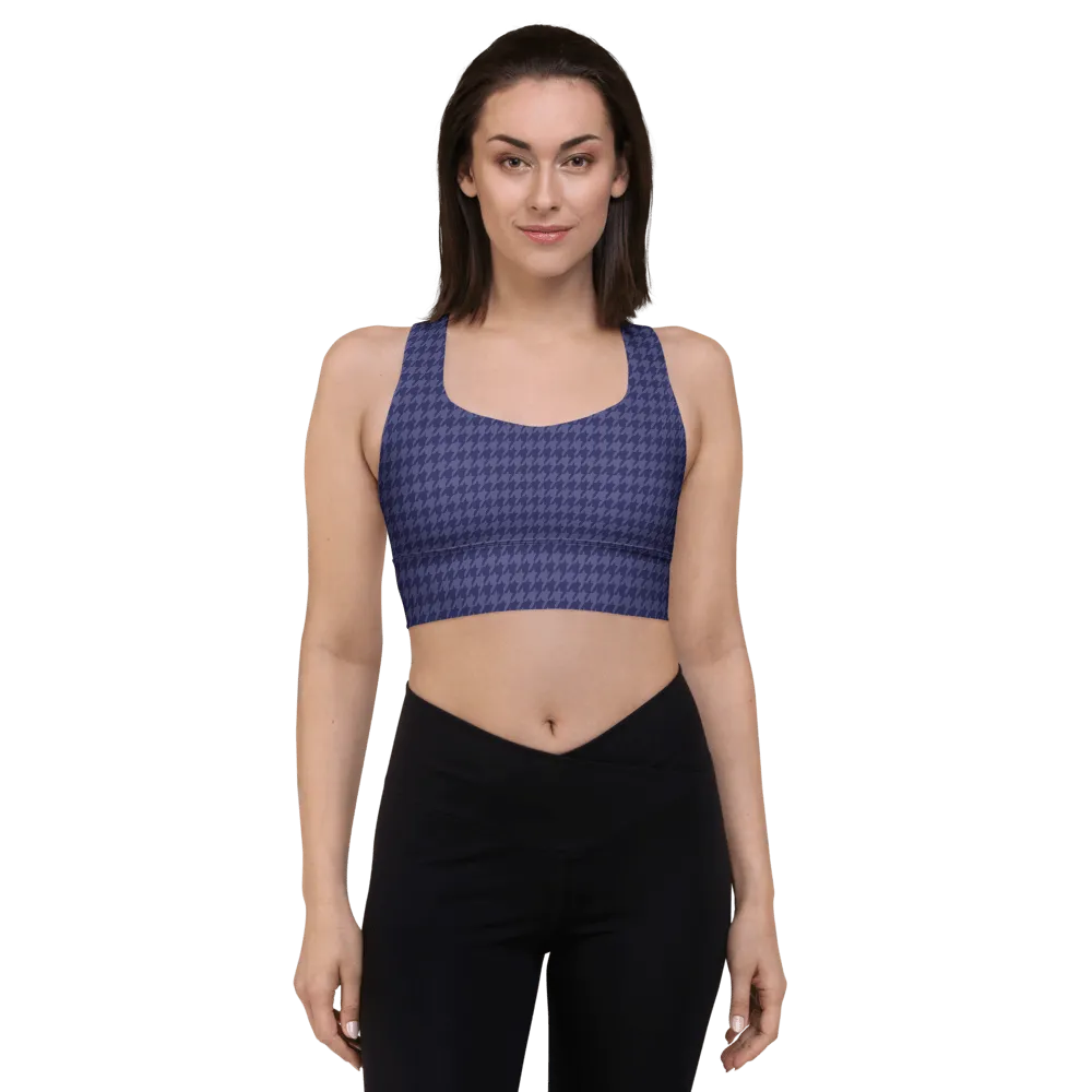 Navy Blue Houndstooth Long-Line Sports Bra
