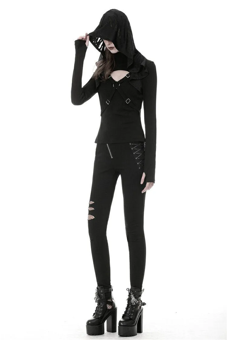 Punk cross connection front hooded women top TW250