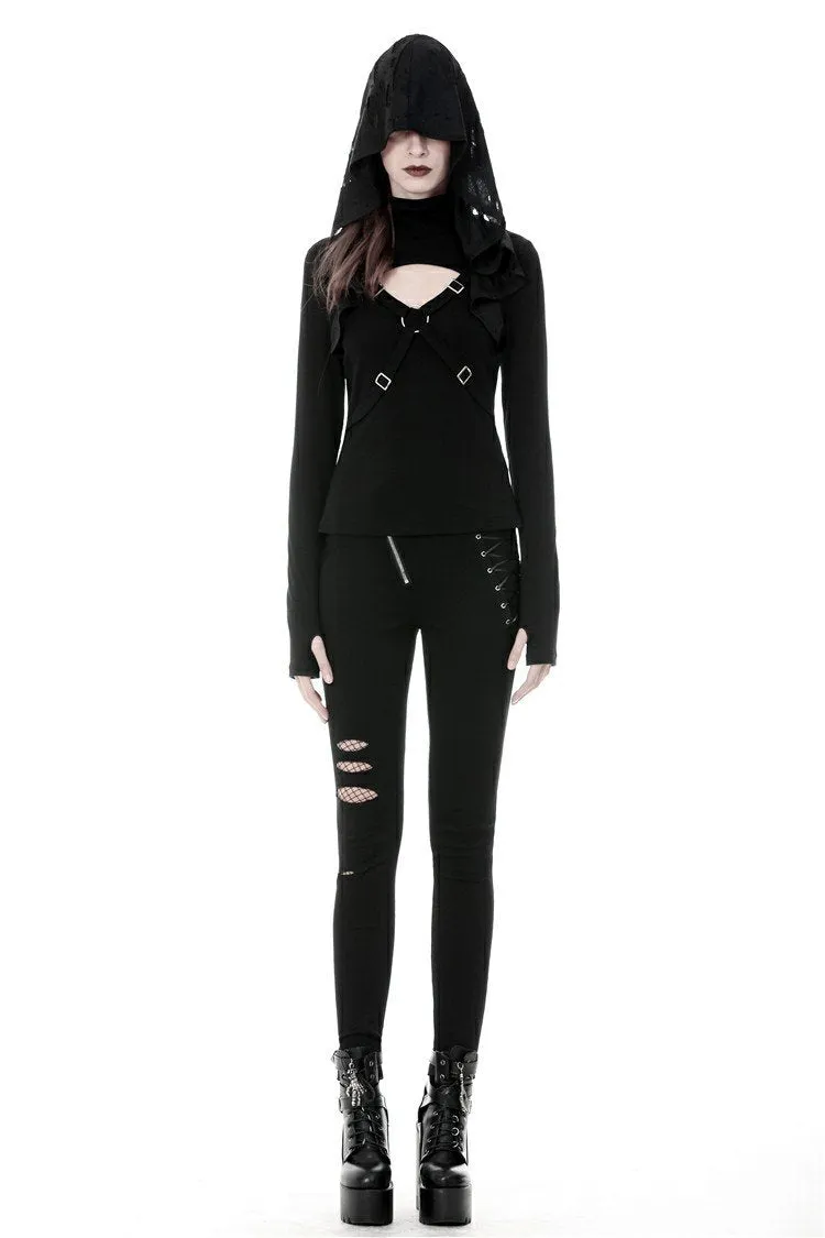 Punk cross connection front hooded women top TW250