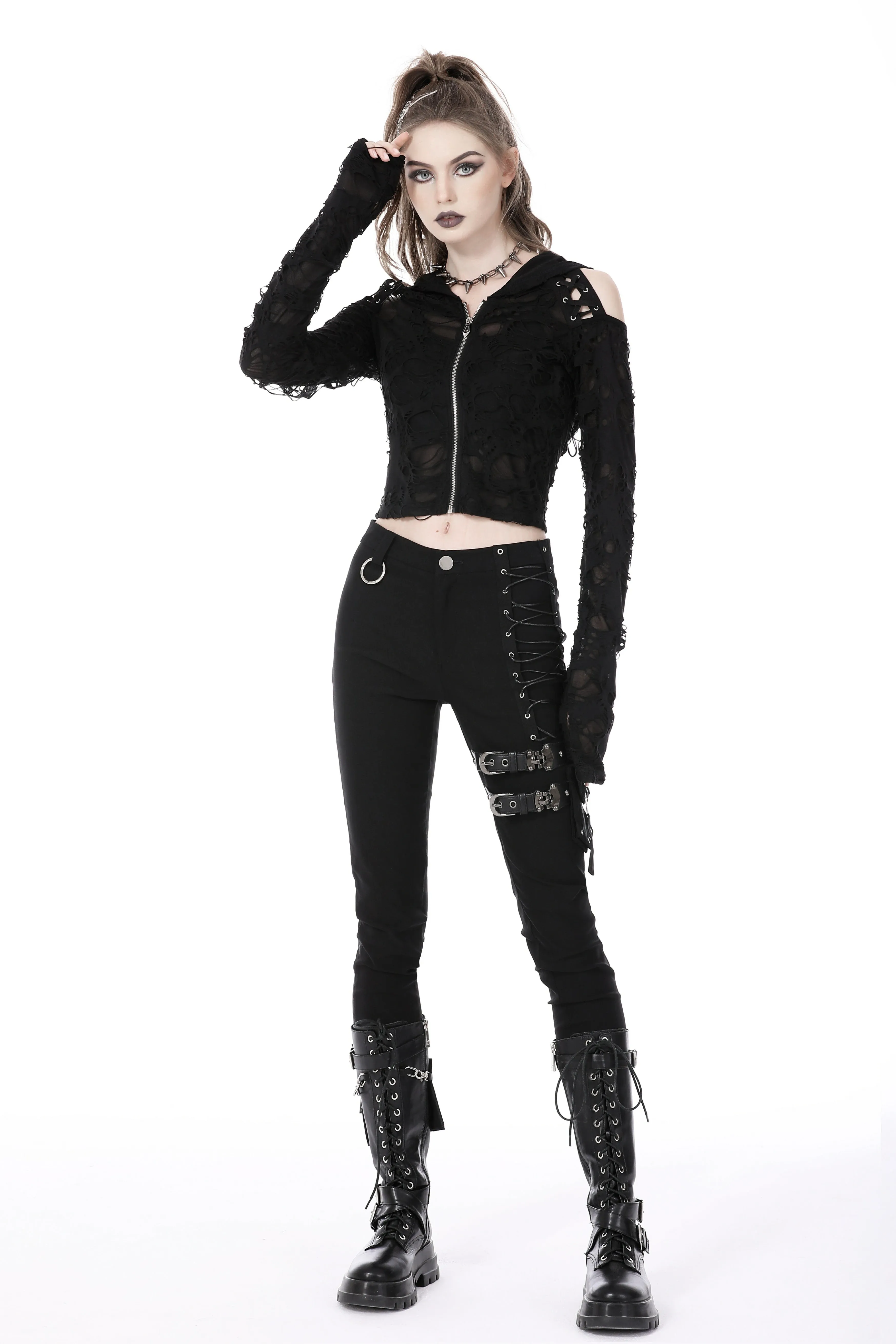 Punk decadent shredded hooded top TW460