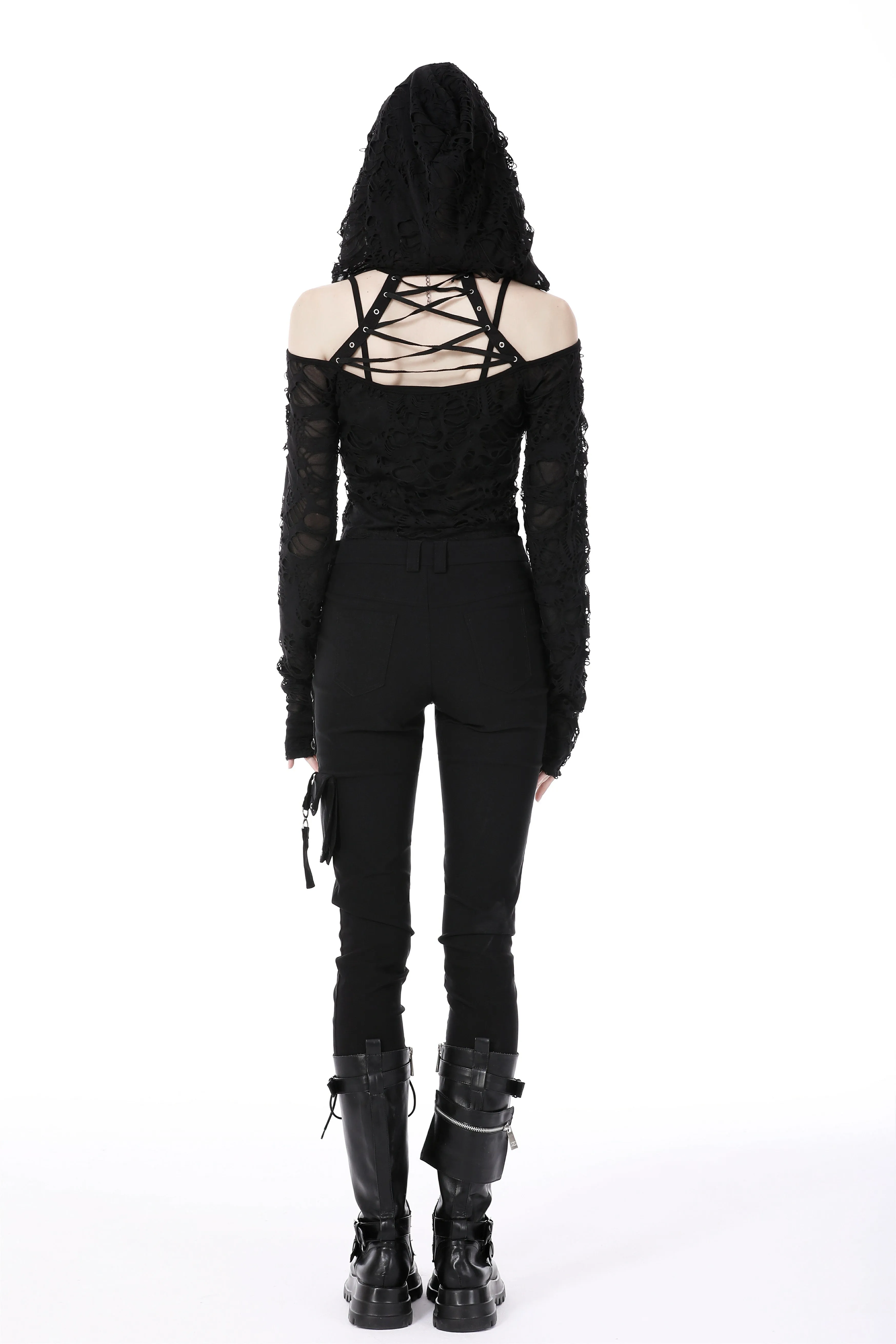 Punk decadent shredded hooded top TW460