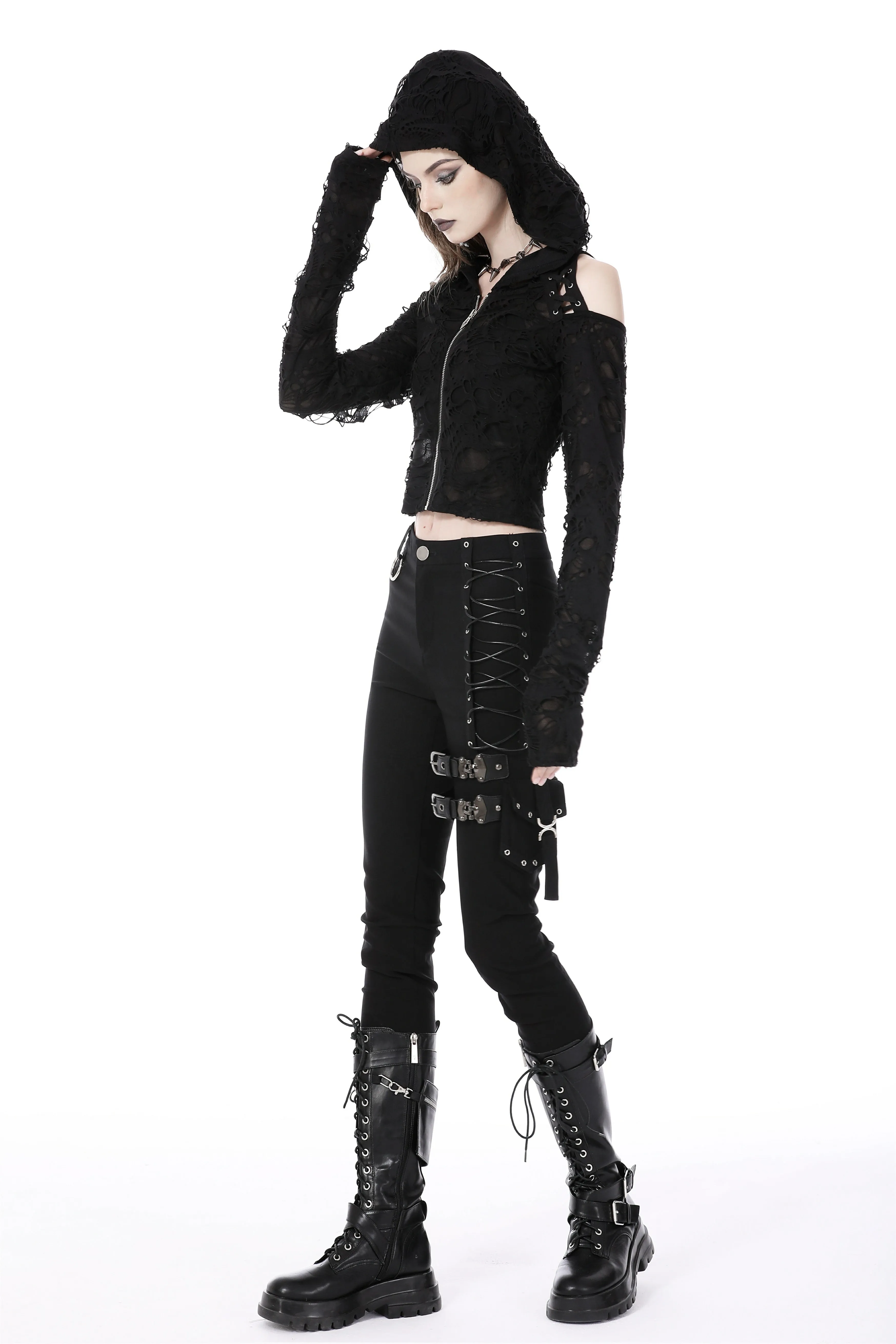 Punk decadent shredded hooded top TW460