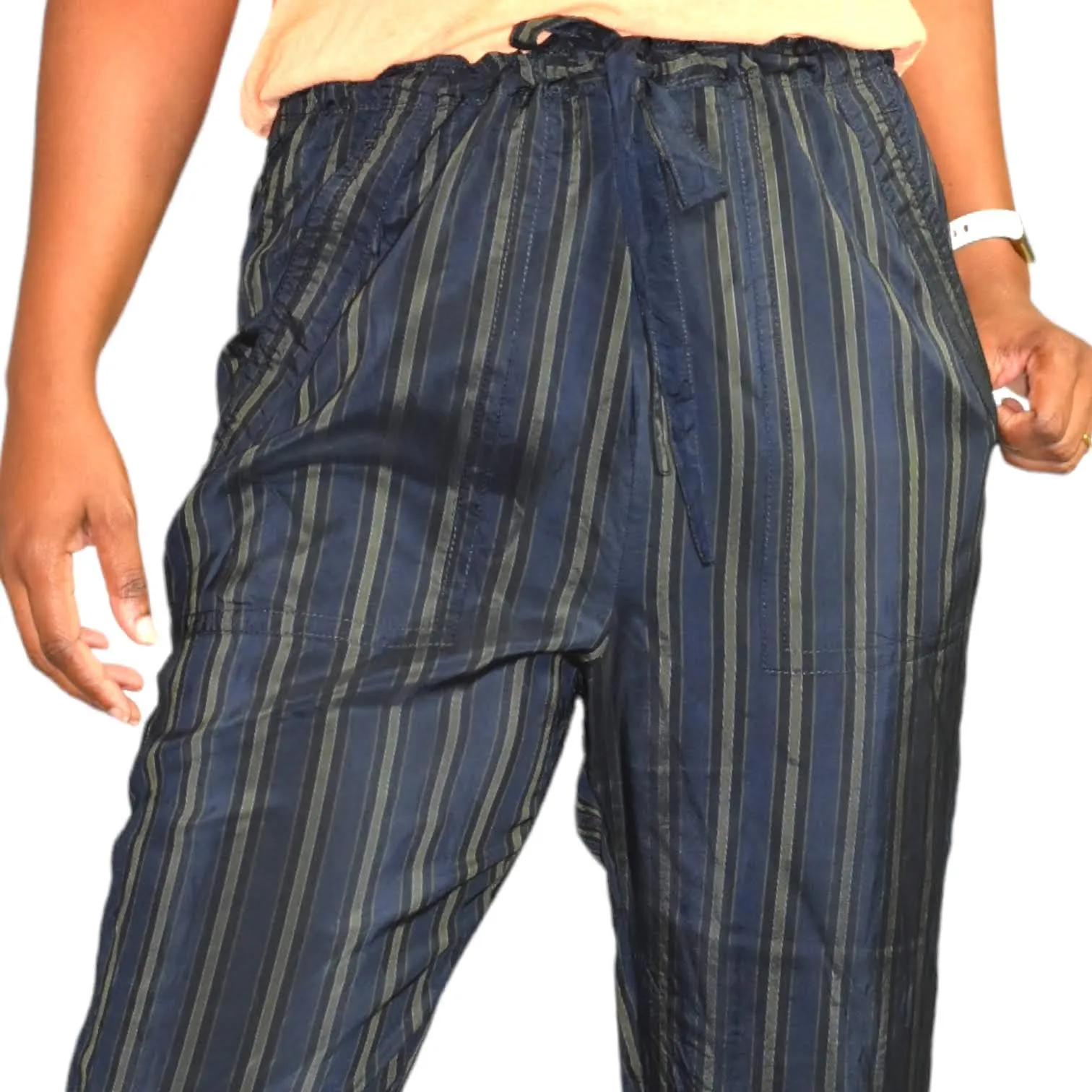Vince Regiment Trouser Pant Paperbag Waist Striped Cropped Drawstring Size Small