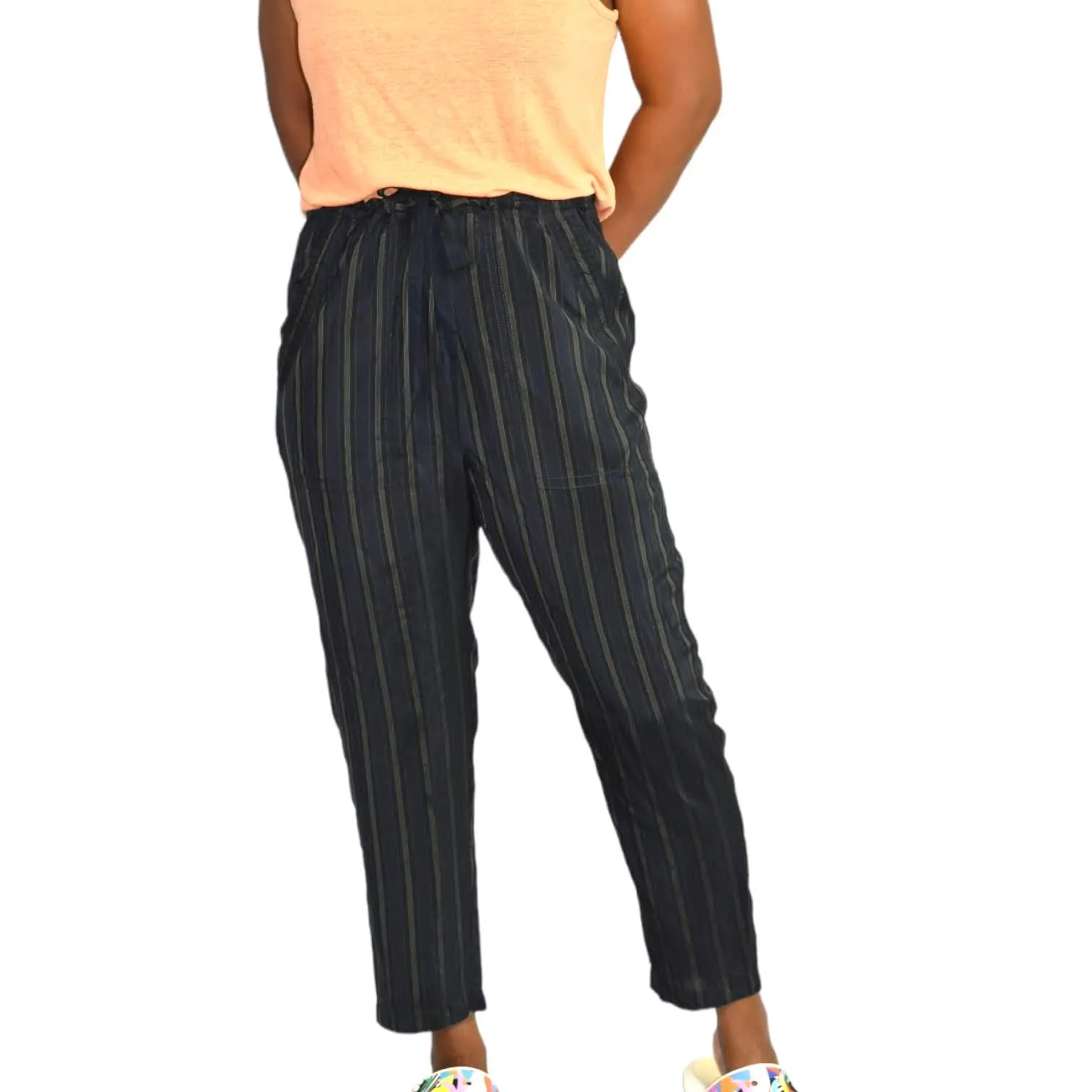 Vince Regiment Trouser Pant Paperbag Waist Striped Cropped Drawstring Size Small