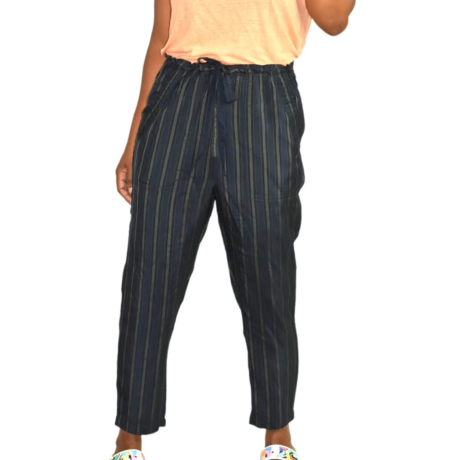 Vince Regiment Trouser Pant Paperbag Waist Striped Cropped Drawstring Size Small
