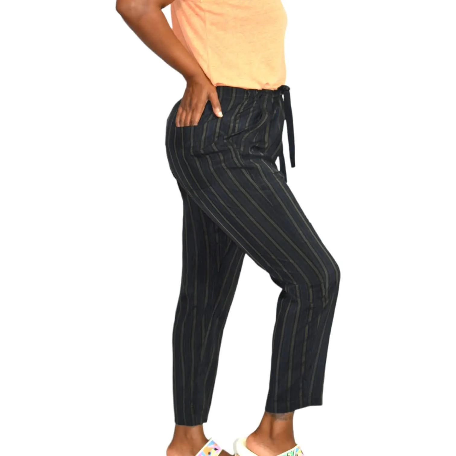 Vince Regiment Trouser Pant Paperbag Waist Striped Cropped Drawstring Size Small