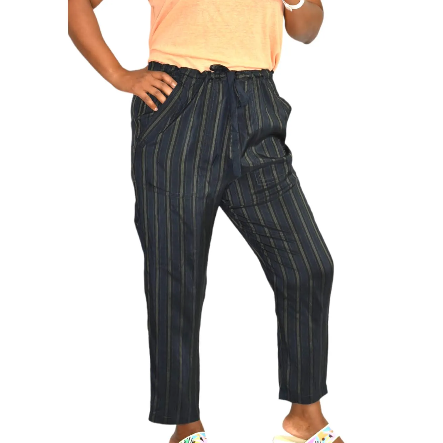 Vince Regiment Trouser Pant Paperbag Waist Striped Cropped Drawstring Size Small