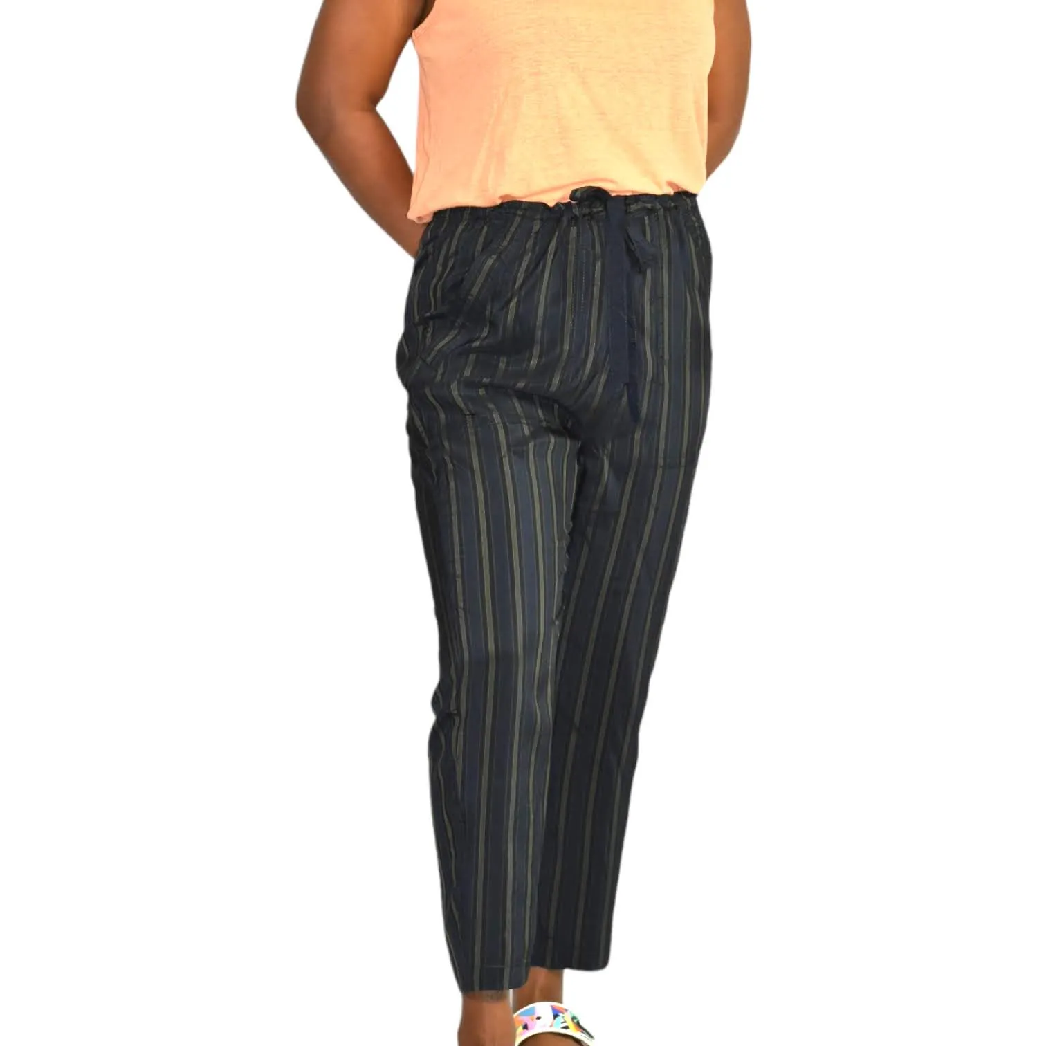 Vince Regiment Trouser Pant Paperbag Waist Striped Cropped Drawstring Size Small