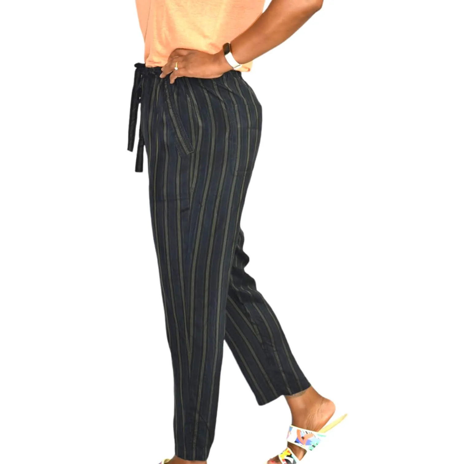 Vince Regiment Trouser Pant Paperbag Waist Striped Cropped Drawstring Size Small